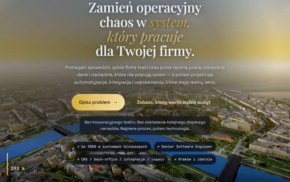 Podgląd ai.itmm.info — kinowa scena Krakowa o zmierzchu (tryb KINO)